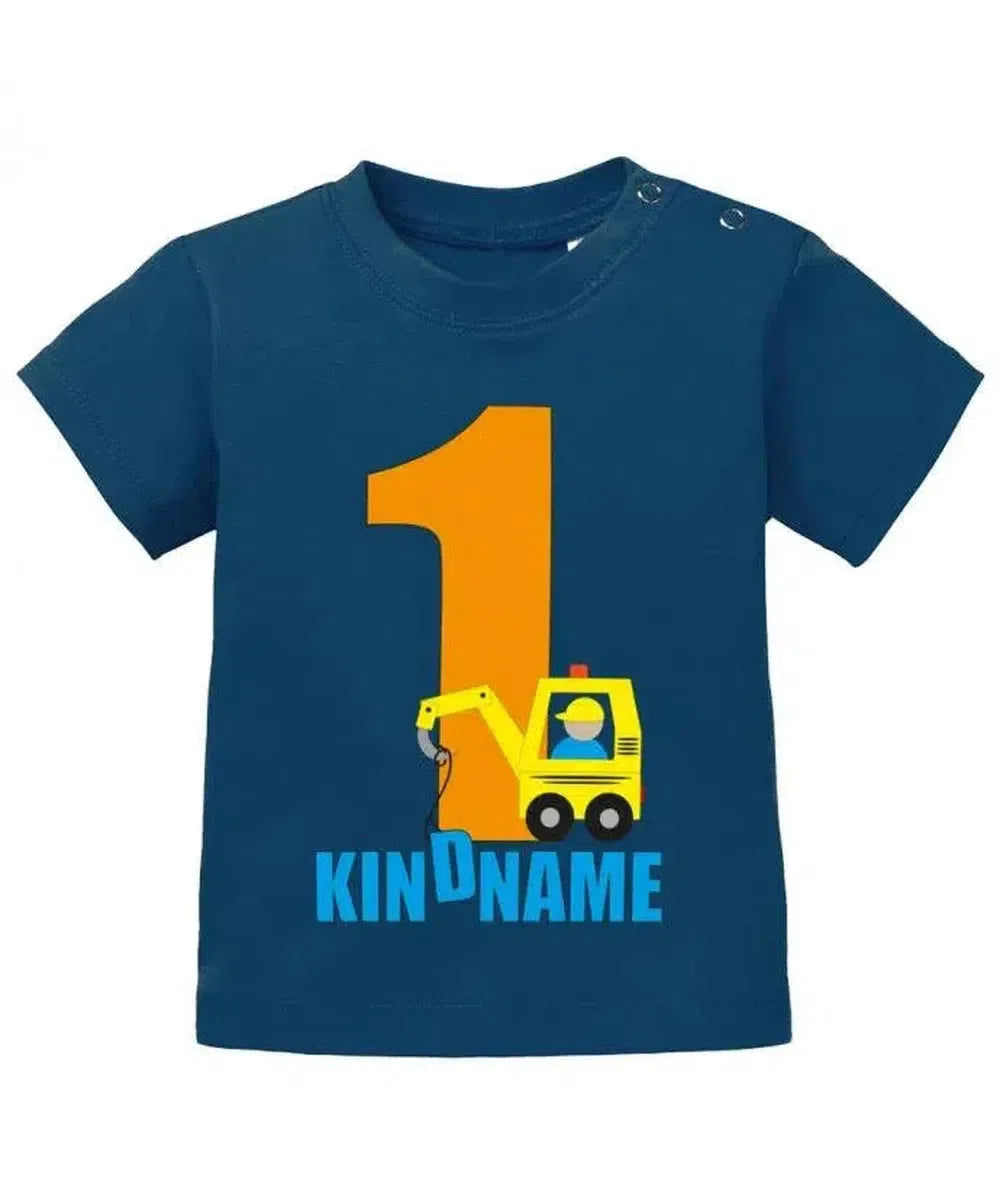 Bagger mit der 1 zum ersten Geburtstag - personalisiert mit Name - Jungen - Baby Shirt