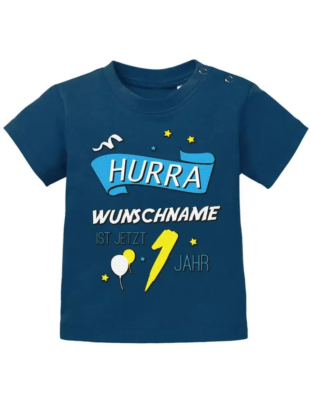 Hurra Name vom Kind ist jetzt 1 Jahr - personalisiert mit Name - Jungen Baby T-Shirt