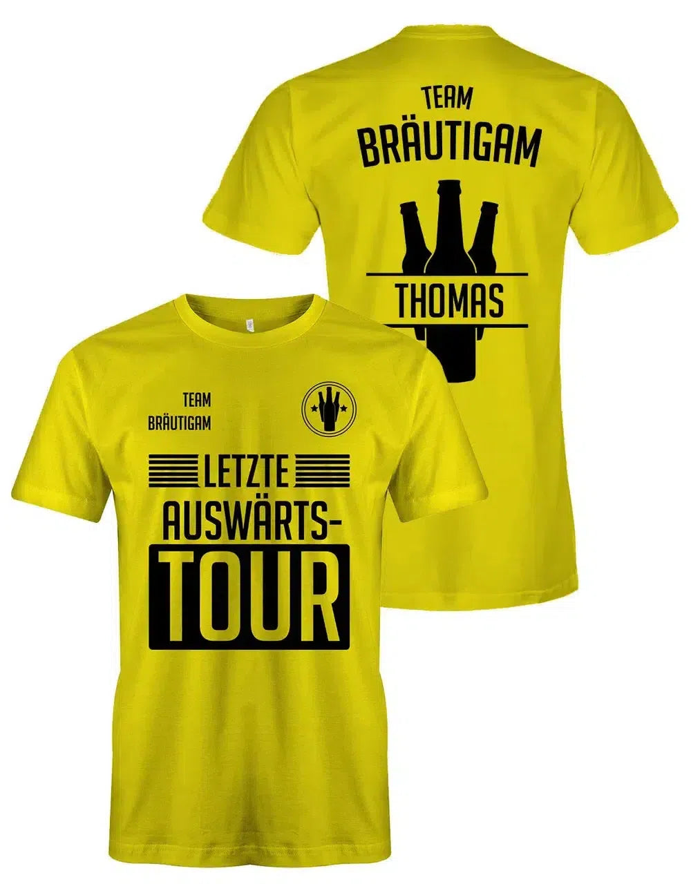 Gelbes JGA-Shirt "Letzte Auswärtstour" mit schwarzem Aufdruck. Perfekt für den Junggesellenabschied – auffälliges Design für das Bräutigam-Team. Hochwertige Baumwolle für besten Tragekomfort.