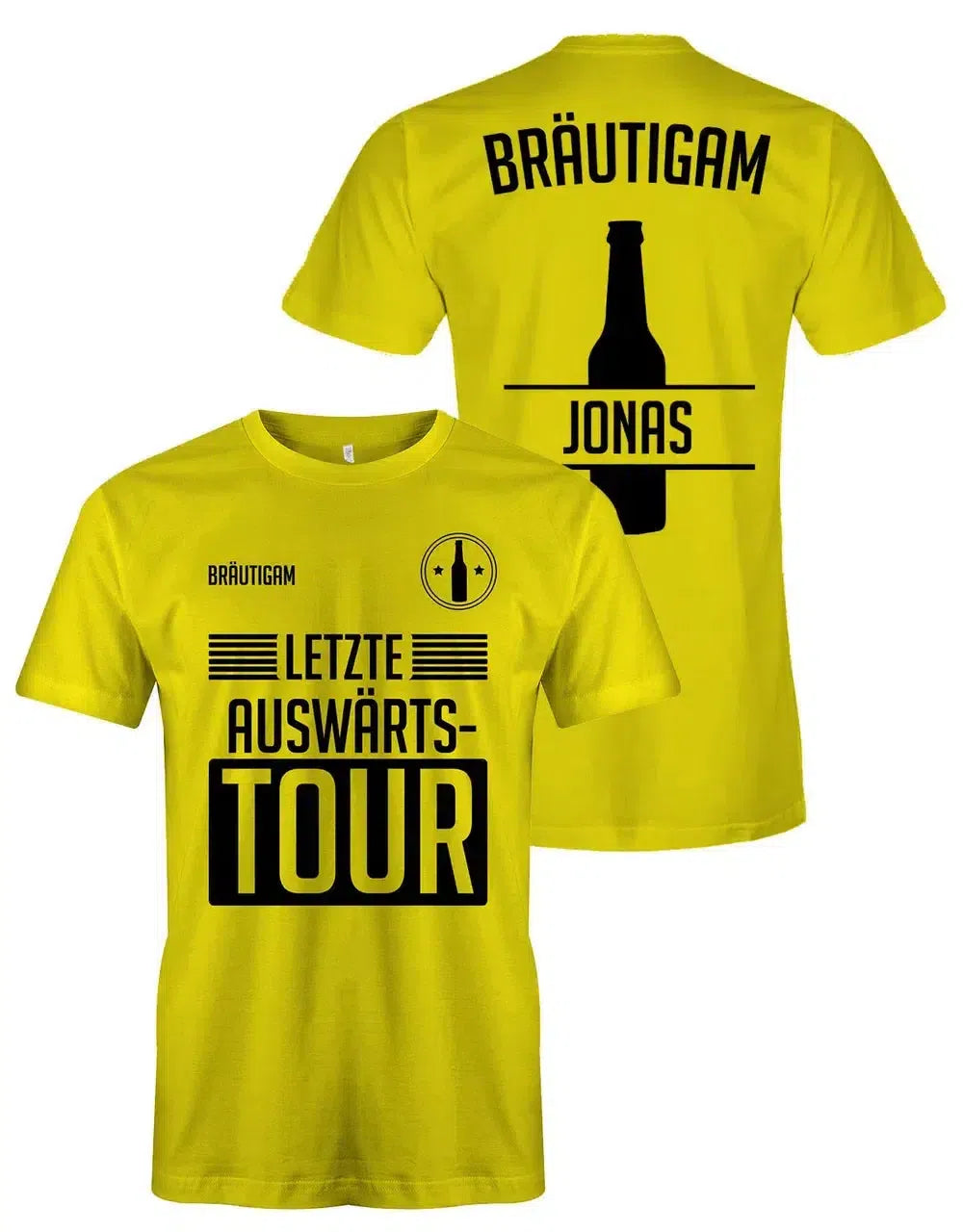 Gelbes JGA-Shirt "Letzte Auswärtstour" mit schwarzem Aufdruck in Gelb