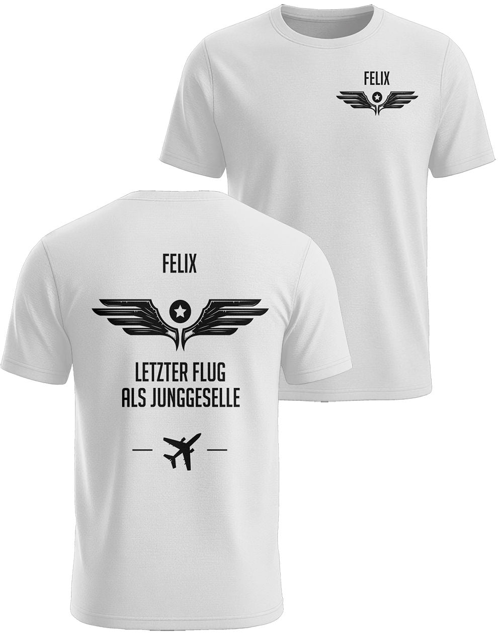 Letzter Flug als Junggeselle personalisiertes JGA Herren-T-Shirt für Bräutigam mit Airline Rückenmotiv in Weiß