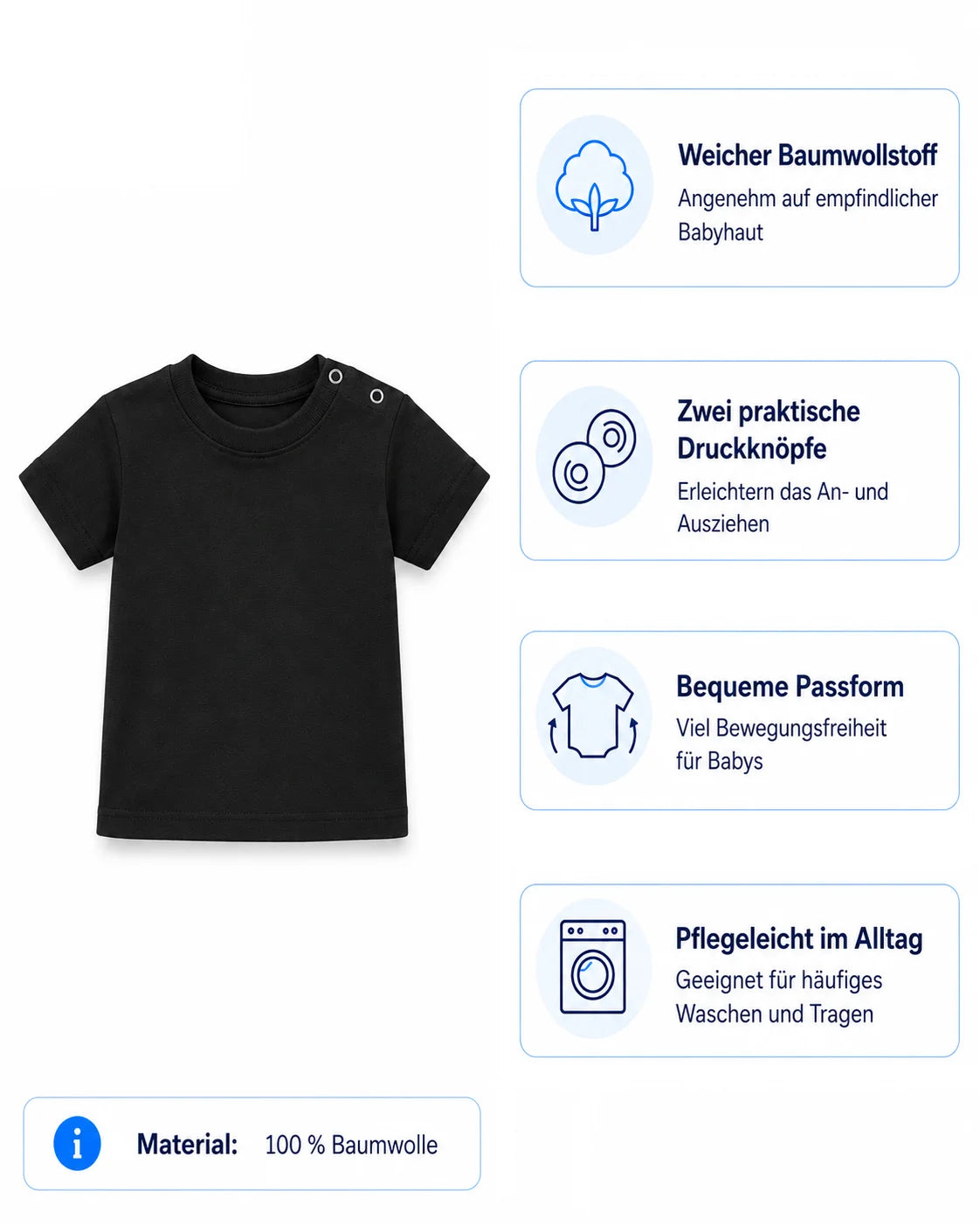 Baby T-Shirt aus 100 % Baumwolle mit Druckknöpfen, bequemer Passform und pflegeleichtem Material