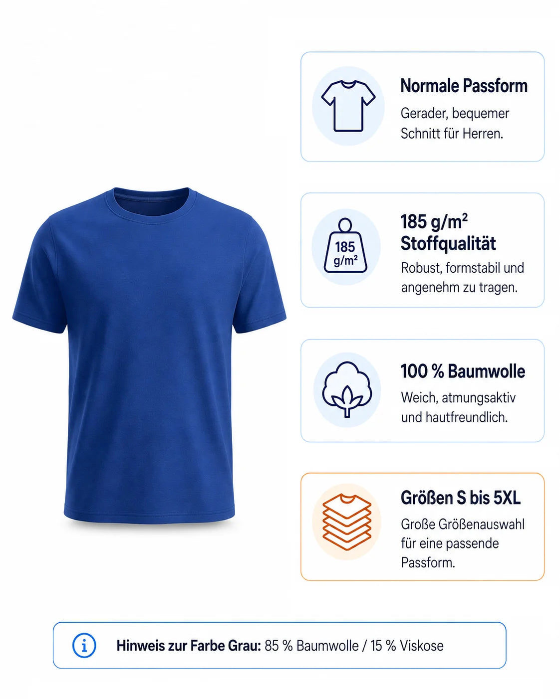 Herren T-Shirt Material und Passform Übersicht – 185g Baumwolle in vielen Größen