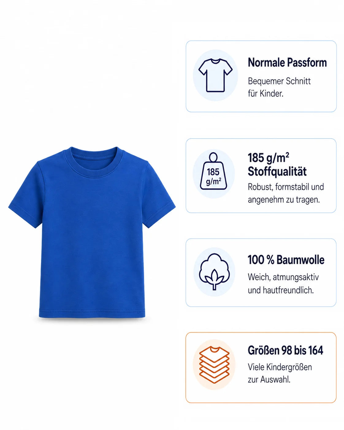 Kinder T-Shirt Material und Passform Übersicht – 185g Baumwolle in vielen Größen