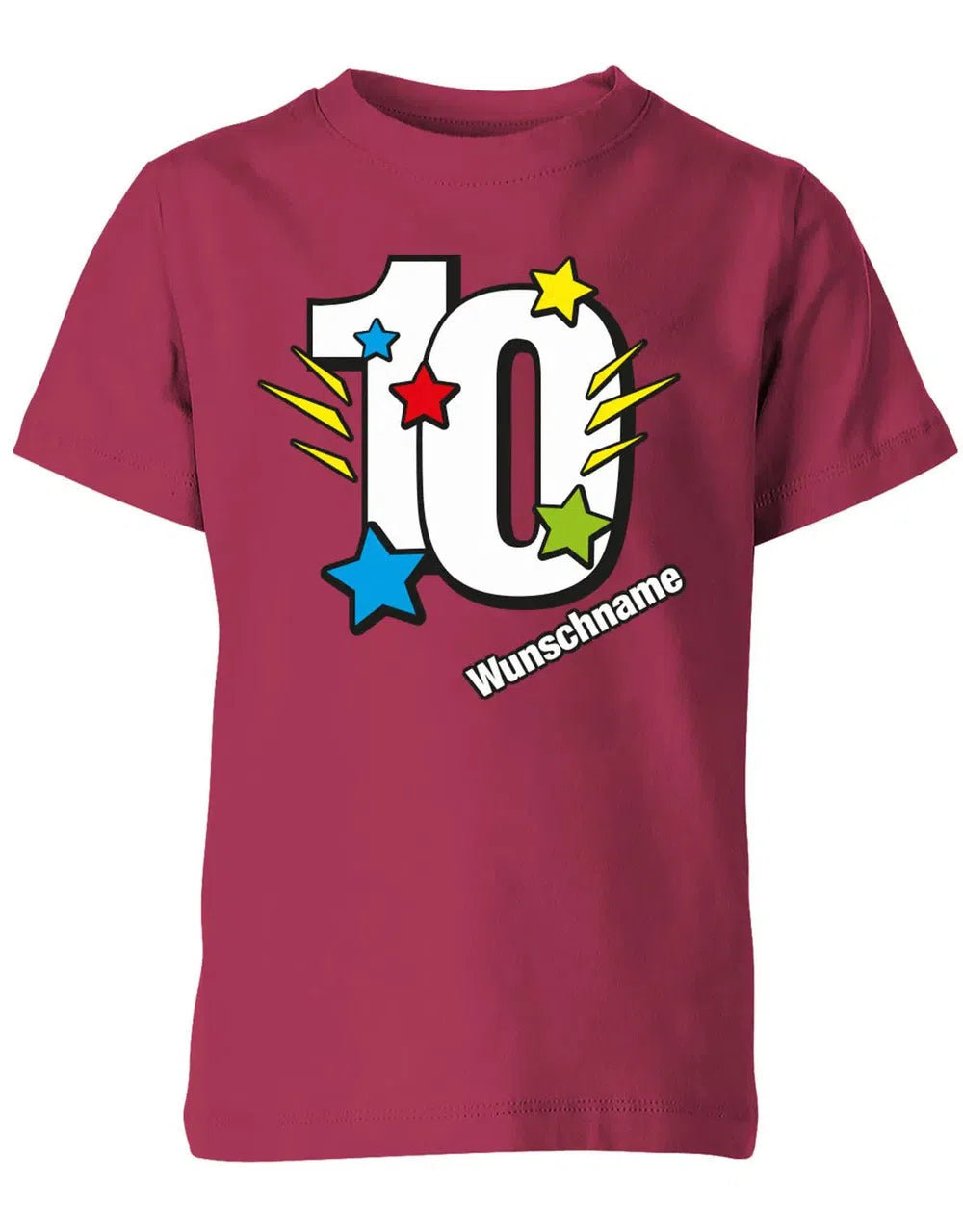 T-Shirt 10 Geburtstag Bunte Sterne mit einer großen 10 personalisiert mit Name