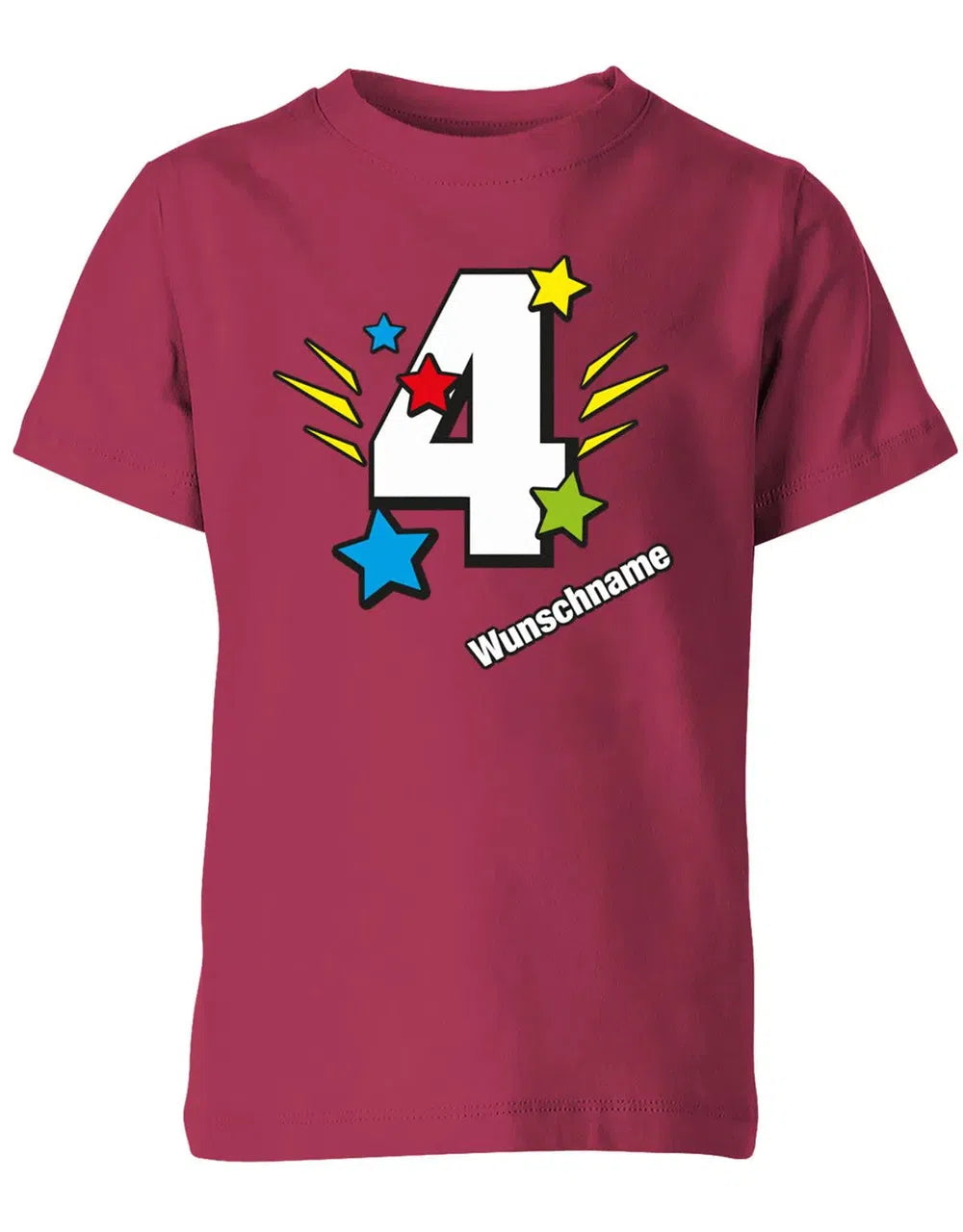 T-Shirt 4 Geburtstag Bunte Sterne mit einer großen 4 personalisiert mit Name
