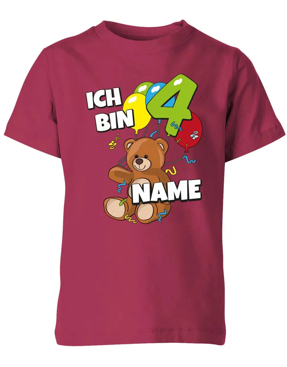 T-Shirt 4 Geburtstag ich bin 4 Teddybär mit 4 Luftballons und Name