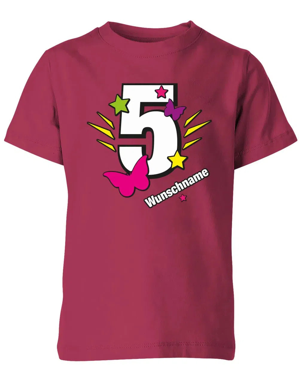 T-Shirt 5 Geburtstag Schmetterlinge und Sterne mit einer großen 5 personalisiert mit Name