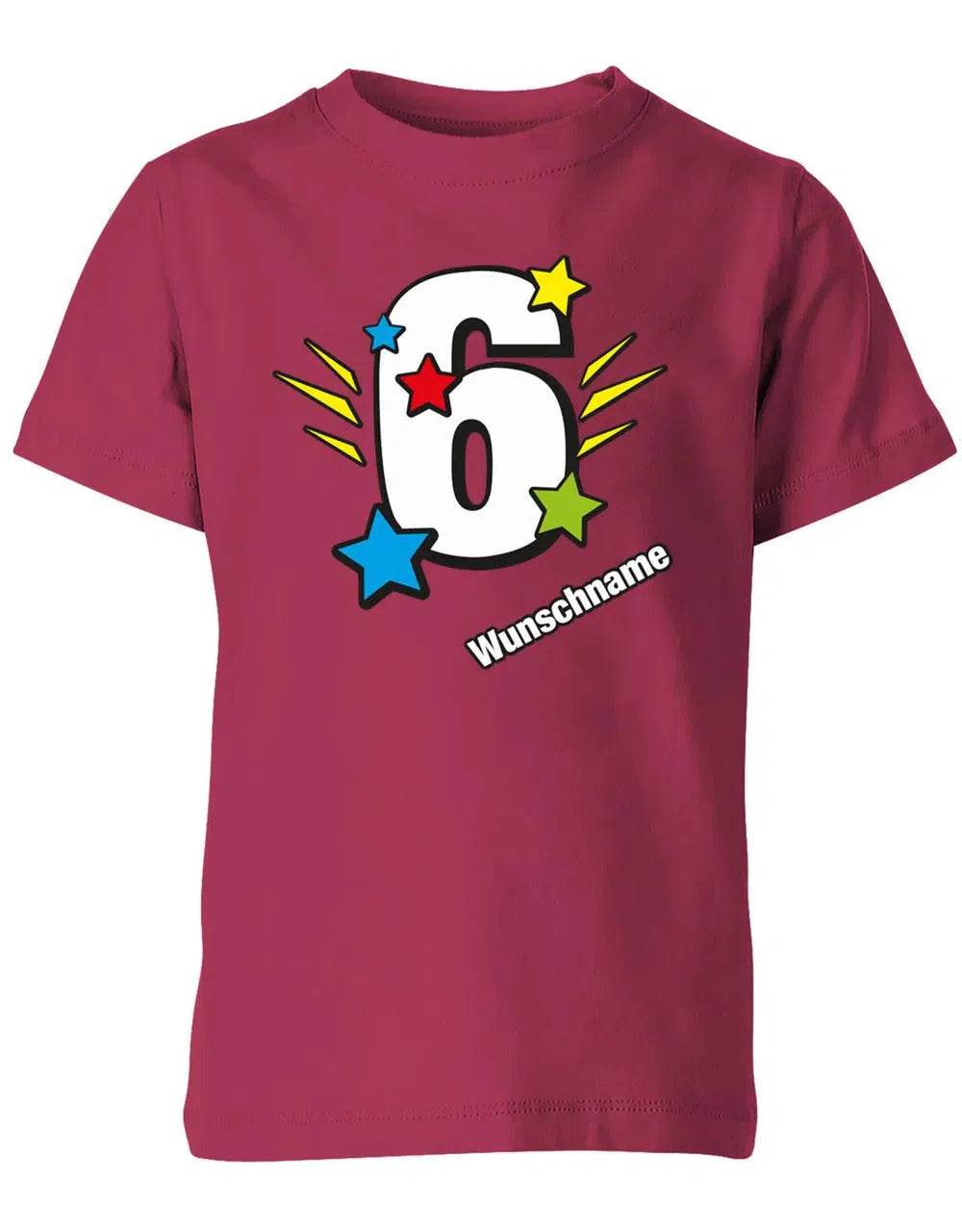 T-Shirt 6 Geburtstag Bunte Sterne mit einer großen 6 personalisiert mit Name