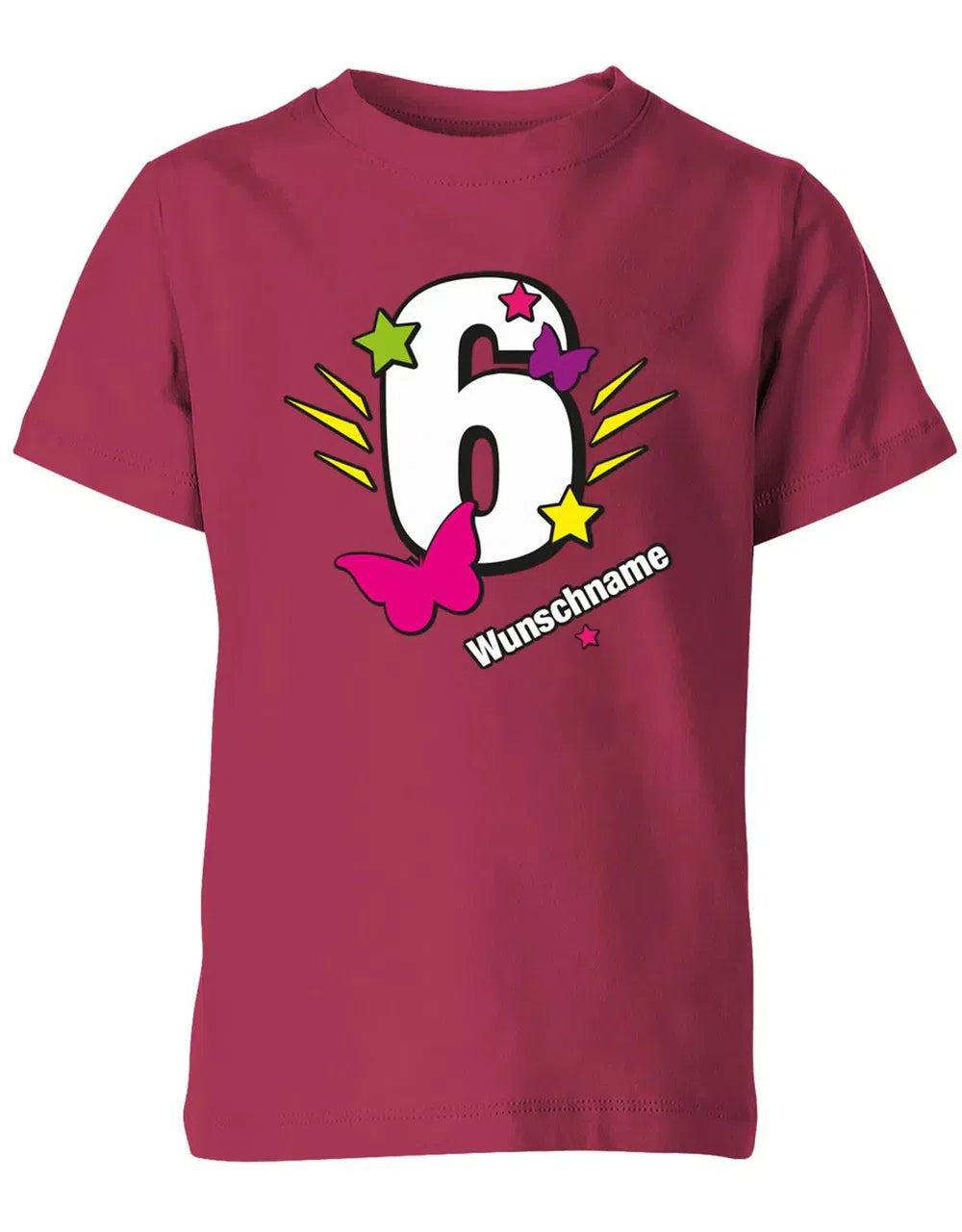 T-Shirt 6 Geburtstag Schmetterlinge und Sterne mit einer großen 6 personalisiert mit Name