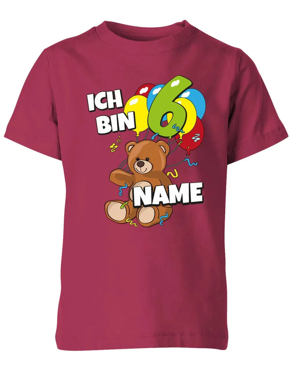 T-Shirt 6 Geburtstag ich bin 6 Teddybär mit 6 Luftballons und Name