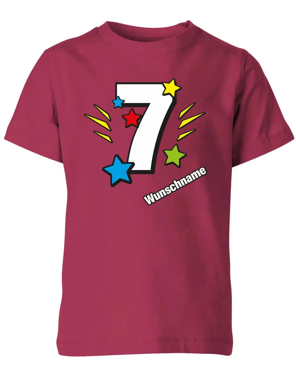 T-Shirt 7 Geburtstag Bunte Sterne mit einer großen 7 personalisiert mit Name