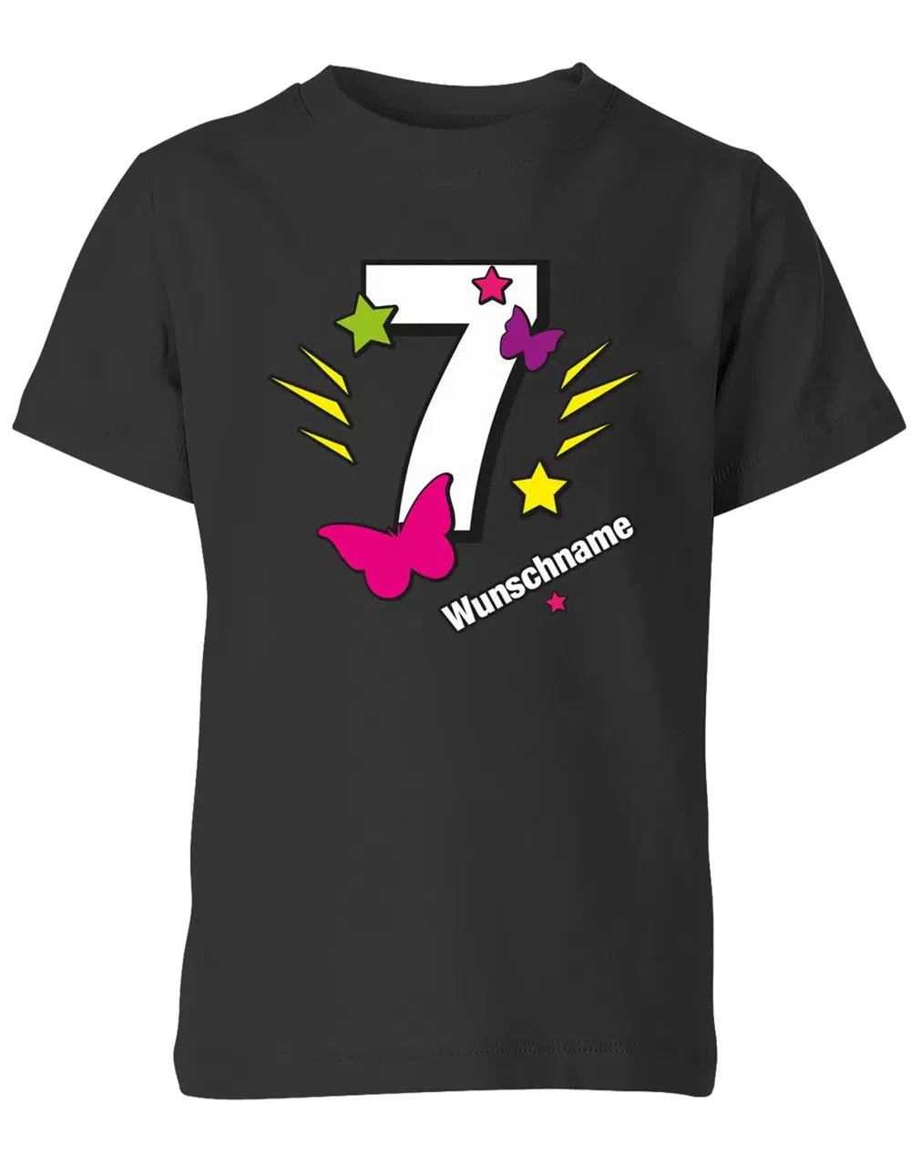 T-Shirt 7 Geburtstag Schmetterlinge und Sterne mit einer großen 7 personalisiert mit Name