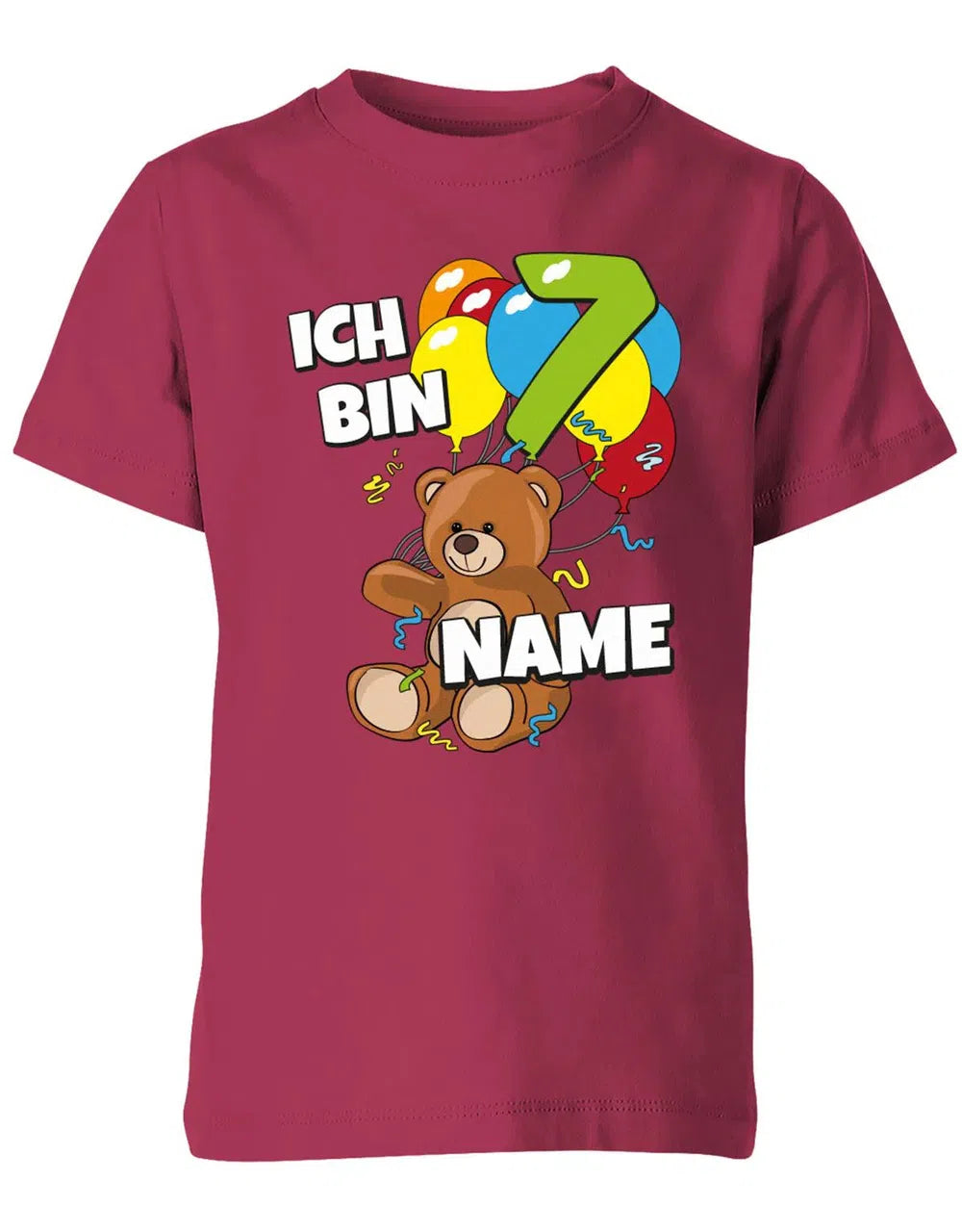 T-Shirt 7 Geburtstag ich bin 7 Teddybär mit 7 Luftballons und Name