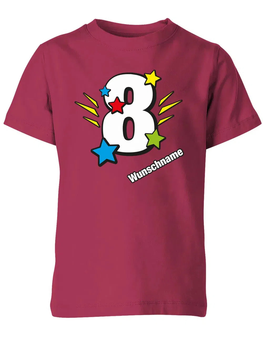 T-Shirt 8 Geburtstag Bunte Sterne mit einer großen 8 personalisiert mit Name
