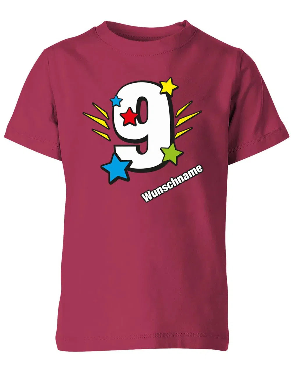T-Shirt 9 Geburtstag Bunte Sterne mit einer großen 9 personalisiert mit Name