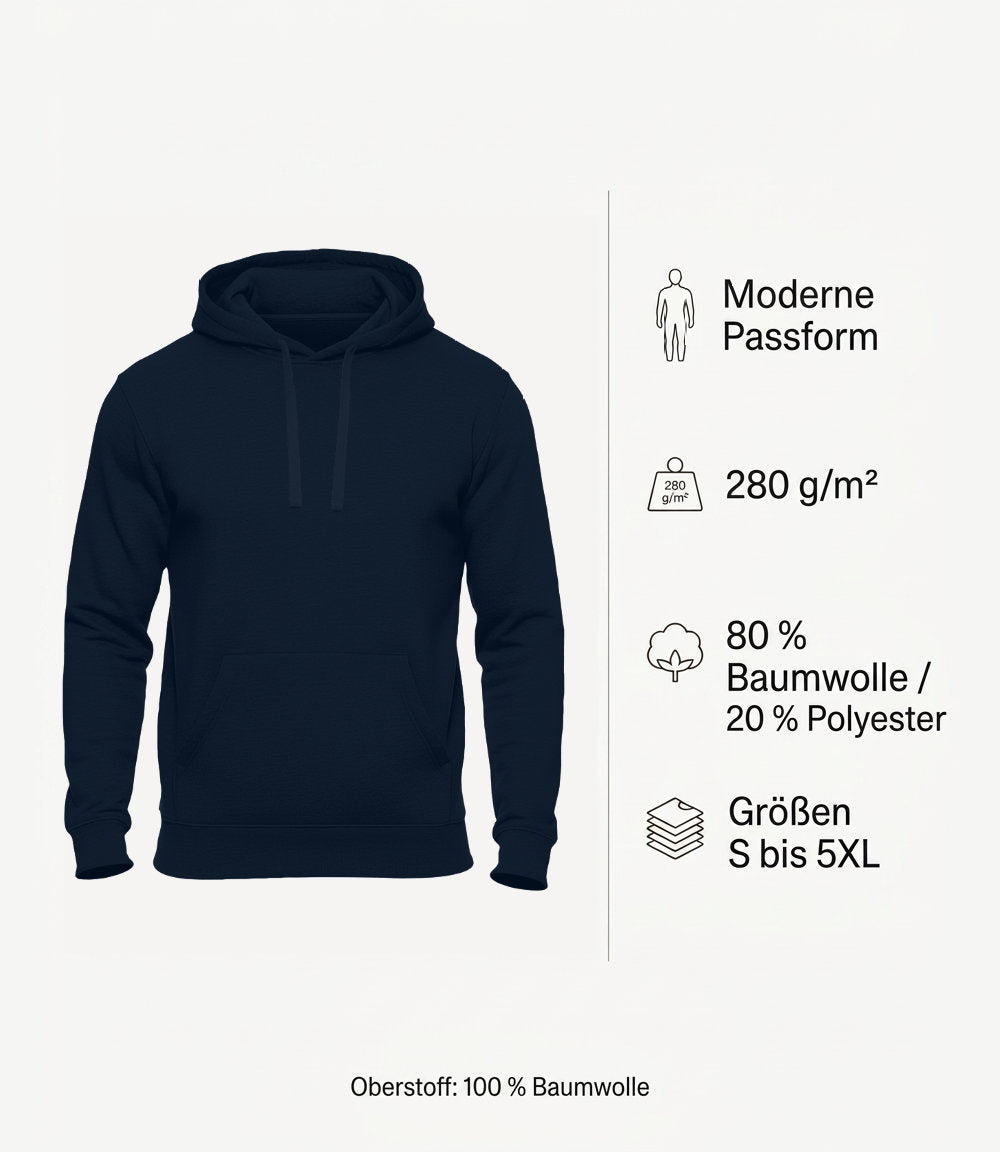 Basic Unisex Hoodie einfarbig mit 280 g pro Quadratmeter, 80 Prozent Baumwolle und 20 Prozent Polyester