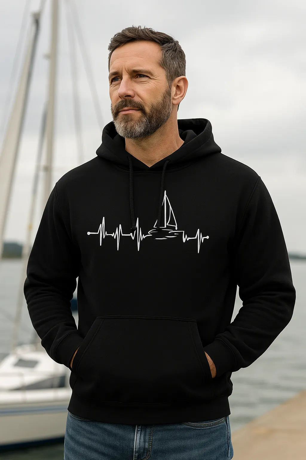 Mann trägt Segler Hoodie mit Segel-Motiv in Schwarz