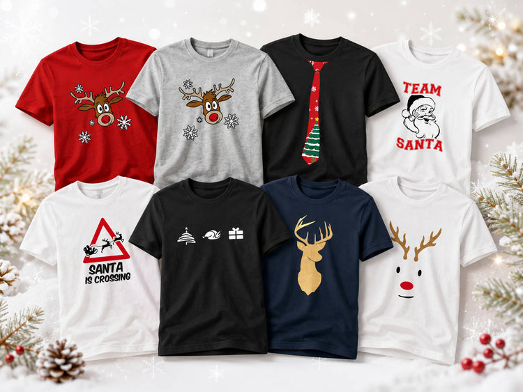 Acht weihnachtliche T-Shirts mit Rentier-, Weihnachtsmann-, Krawatten- und Festtagsmotiven vor winterlichem Hintergrund