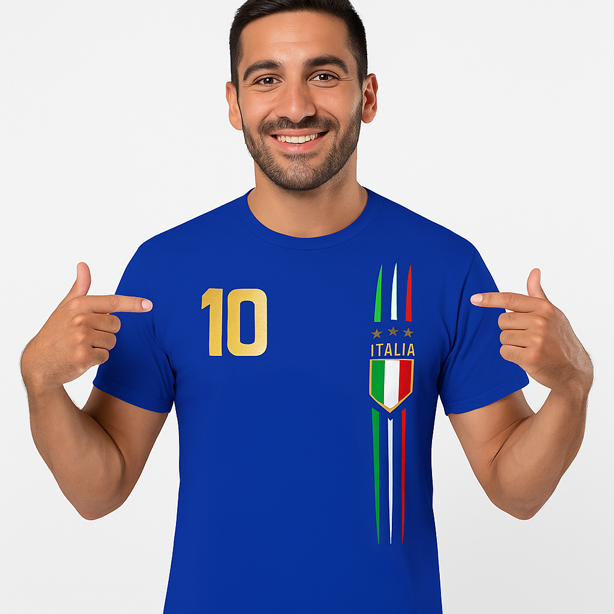 Blaues Italien - Fußballtrikot mit goldener Nummer 10 und Italia-Logo mit Trikolore-Streifen – modernes Fan-Shirt für Männer