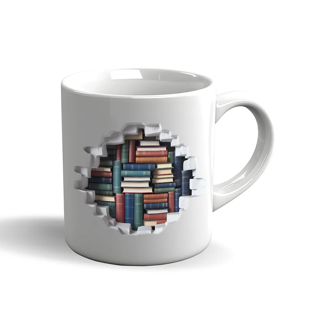 Bücher Tasse – 3D Effekt Motiv mit Bücherregal