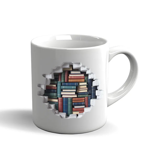Bücher Tasse – 3D Effekt Motiv mit Bücherregal