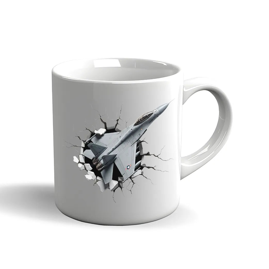 Kampfjet Tasse – 3D Effekt Motiv mit Jet im Durchbruch