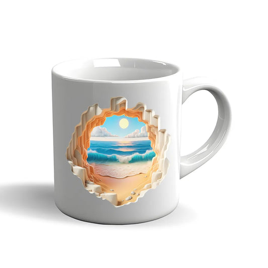 Strand Tasse – 3D Effekt Motiv mit Sonnenuntergang und Wellen