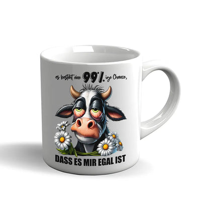 Witzige Kuh Tasse mit dem Spruch „99% Chance, dass es mir egal ist“.