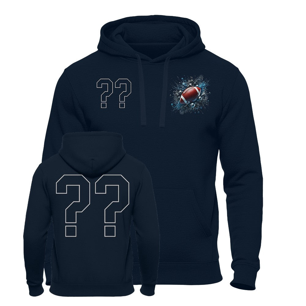 American Football Hoodie Deep Navy Play mit Wunschzahl, dezentes Football-Motiv in dunklem Blau