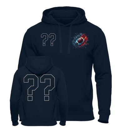 American Football Hoodie Power Surge mit Wunschzahl, dynamisches rot-blaues Energie-Motiv