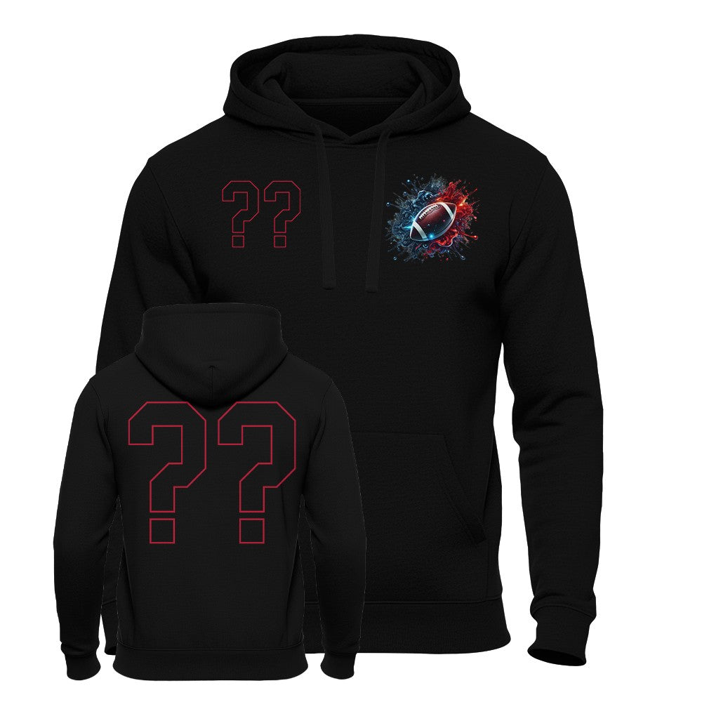 American Football Hoodie Night Energy mit Wunschzahl, energiegeladenes Football-Motiv auf schwarzem Hoodie