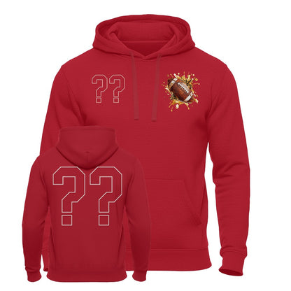 American Football Hoodie Red Impact mit Wunschzahl, auffälliges Football-Motiv in Rot und Gold