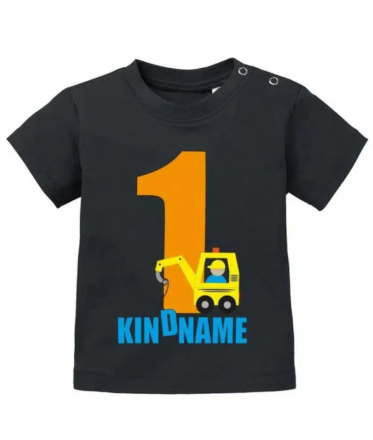 Bagger mit der 1 zum ersten Geburtstag - personalisiert mit Name - Jungen - Baby Shirt