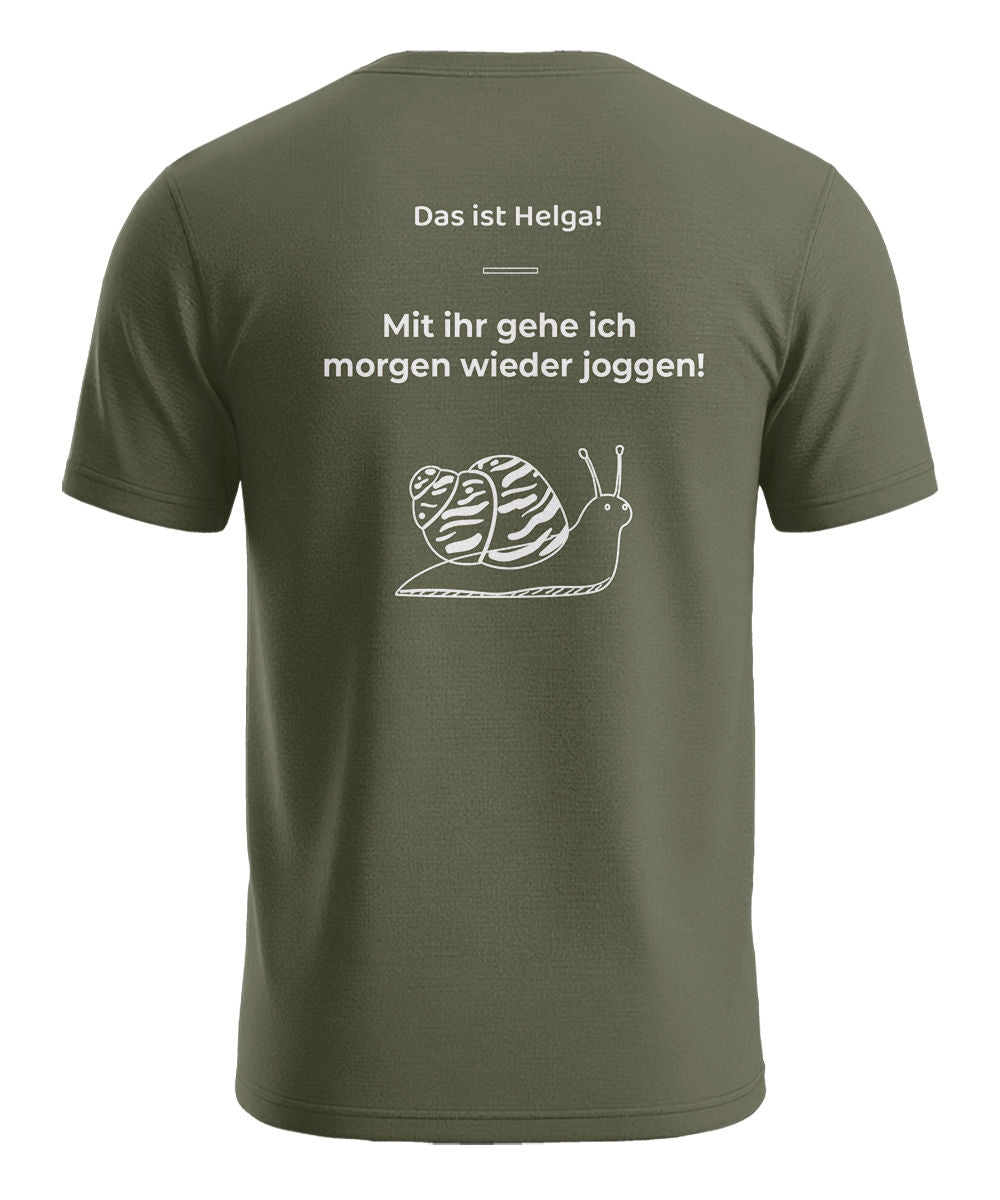 Das ist Helga lustiges Herren T-Shirt mit Schnecke und Jogging Rückenmotiv in Army Grün