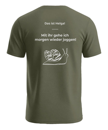 Das ist Helga lustiges Herren T-Shirt mit Schnecke und Jogging Rückenmotiv in Army Grün