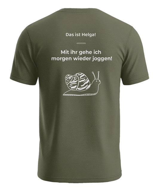 Das ist Helga lustiges Herren T-Shirt mit Schnecke und Jogging Rückenmotiv in Army Grün