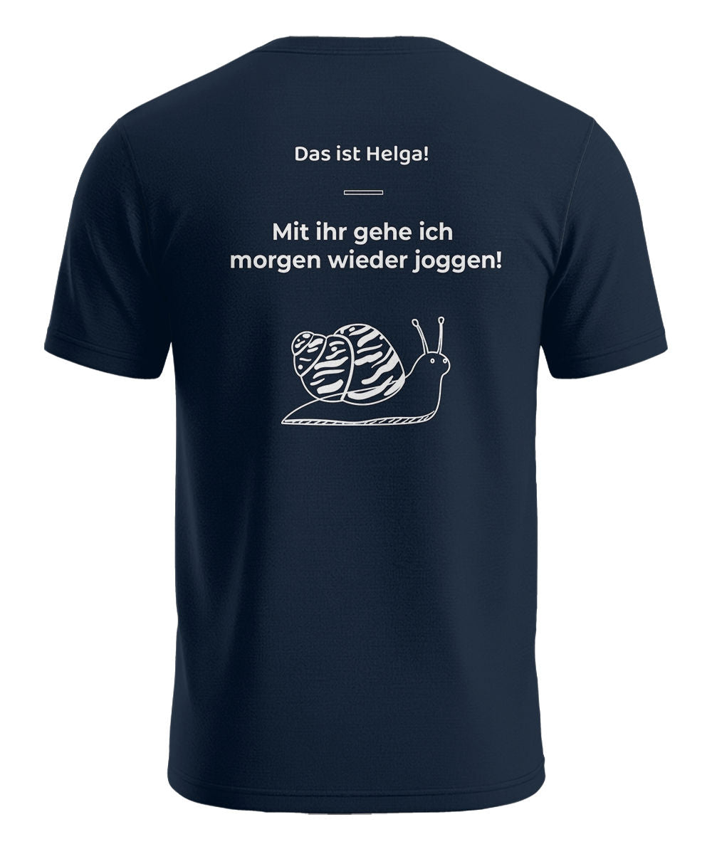 Das ist Helga lustiges Herren T-Shirt mit Schnecke und Jogging Rückenmotiv in Navy