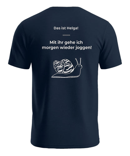 Das ist Helga lustiges Herren T-Shirt mit Schnecke und Jogging Rückenmotiv in Navy