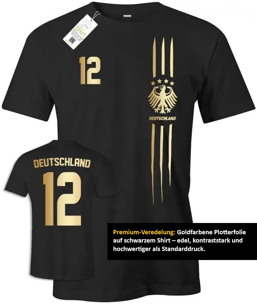Schwarzes Deutschland Trikot personalisierbar mit Name und Nummer, Adler-Motiv und hochwertiger goldfarbener Plotterveredlung auf Vorder- und Rückseite