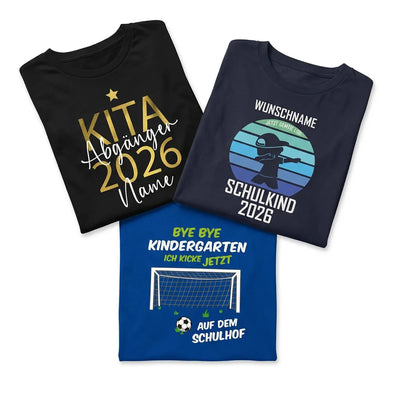 Einschulung und Kita Abgänger T-Shirts mit Namen und Motiven für Kinder