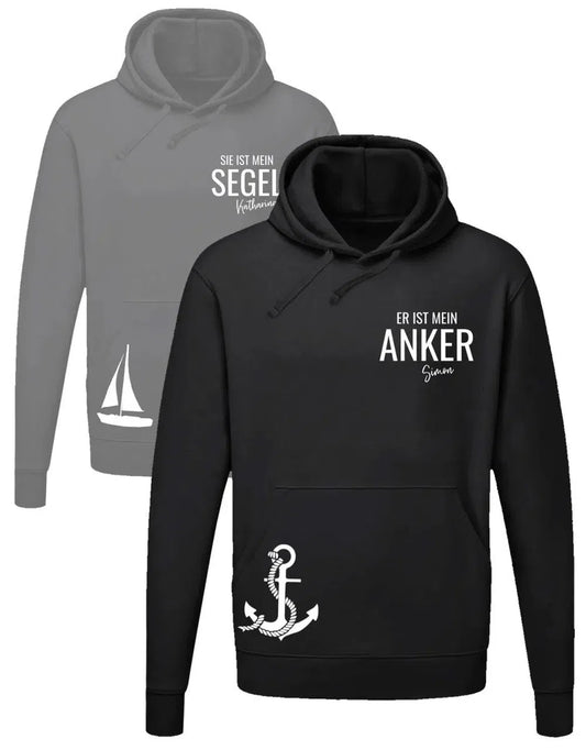 Er ist mein Anker - Sie ist mein Segel Couple Hoodie für Partner personalisiert mit Name