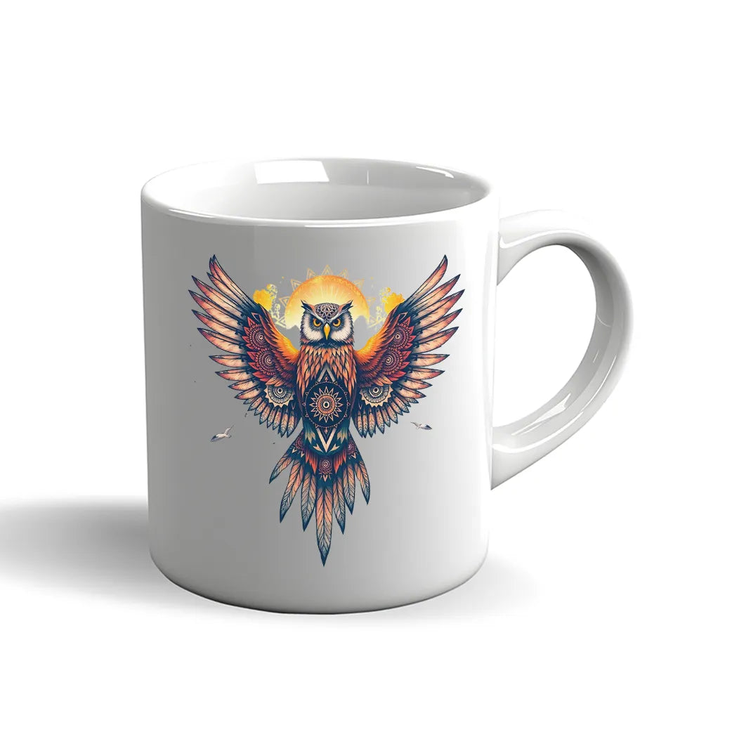 Eulen Tasse – Spirituelles Mandala Design mit Sonnenmotiv