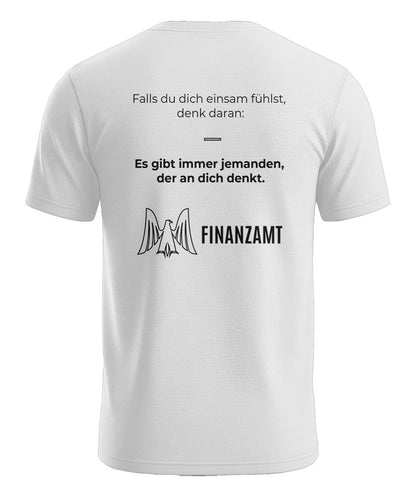 Das Finanzamt denkt an dich lustiges Herren T-Shirt mit Rückenmotiv in Weiß