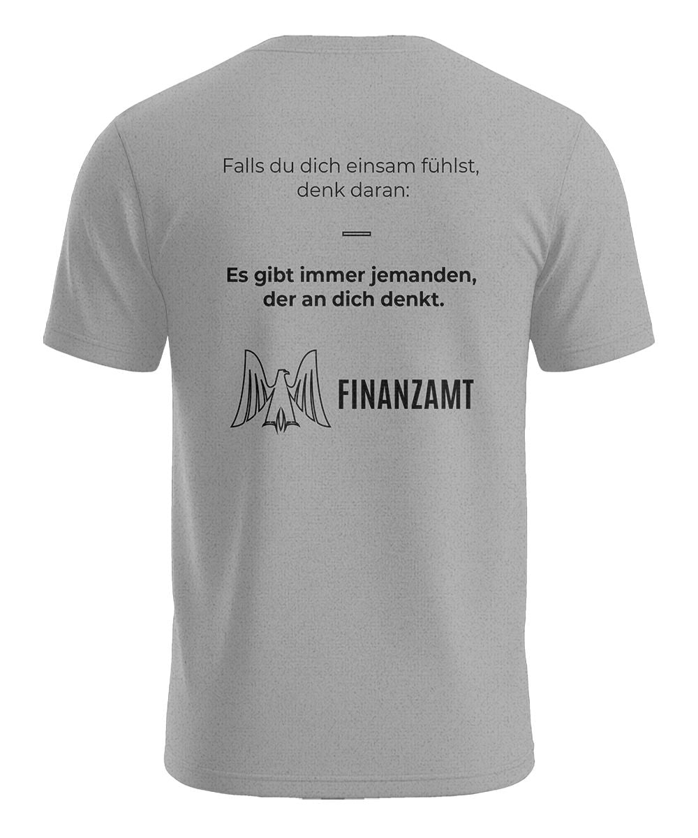 Das Finanzamt denkt an dich lustiges Herren T-Shirt mit Rückenmotiv in Grau