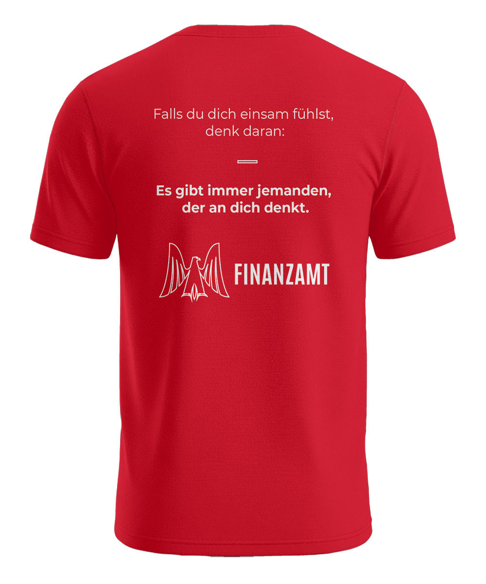 Das Finanzamt denkt an dich lustiges Herren T-Shirt mit Rückenmotiv in Rot