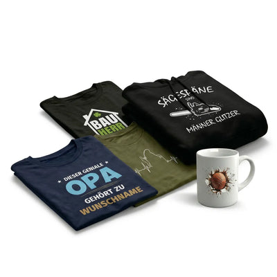 Geschenkideen Kollektion mit bedruckten T-Shirts und Tassen