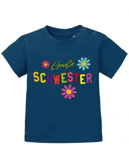 Große Schwester mit bunten Blümchen Baby T-Shirt