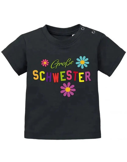 Große Schwester mit bunten Blümchen Baby T-Shirt