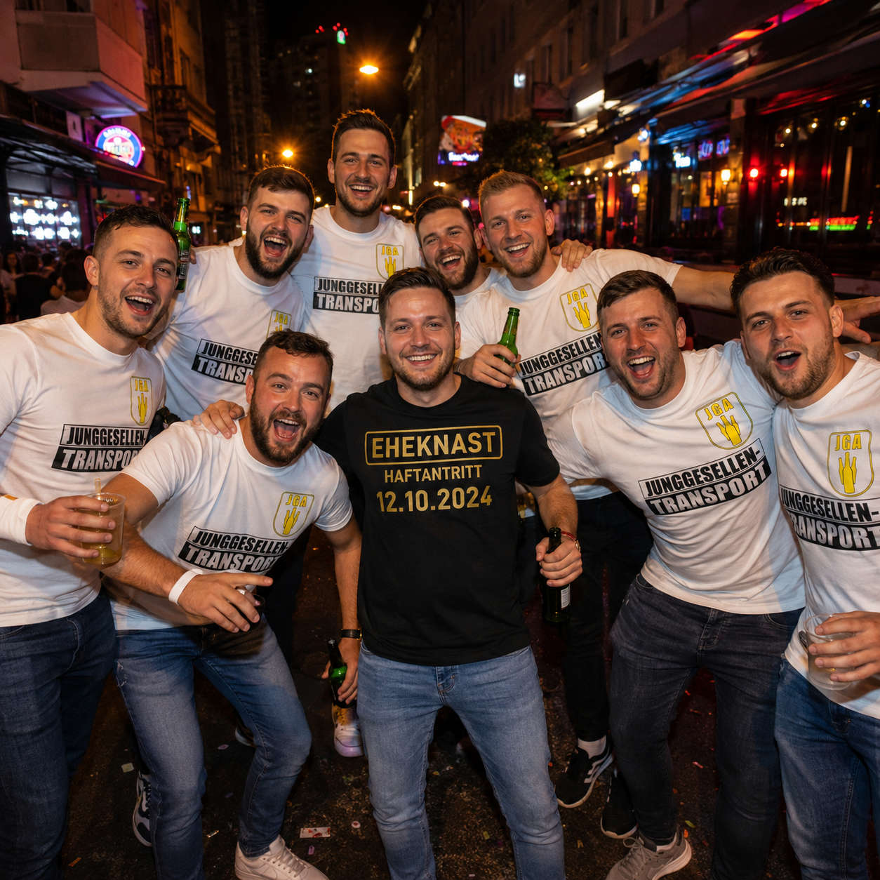 Junggesellenabschied Männergruppe am Abend mit weißen Junggesellen-Transport JGA Shirts und schwarzem Eheknast Shirt mit goldener Plotterveredelung.
